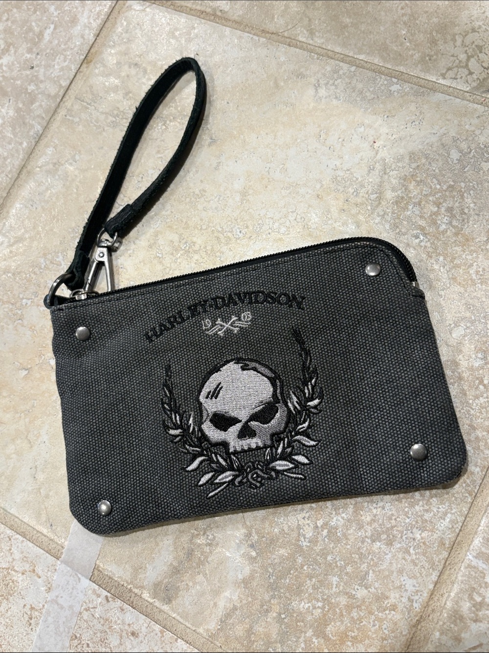 Harley-Davidson Black Embroidered Skull Wristlet Pouch